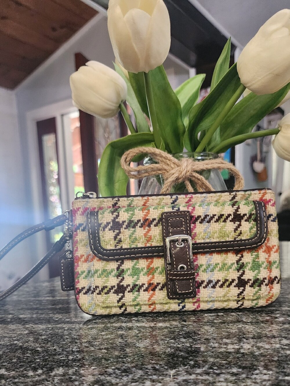 Coach Multicolor Tweed Clutch with Brown Leather Buckle